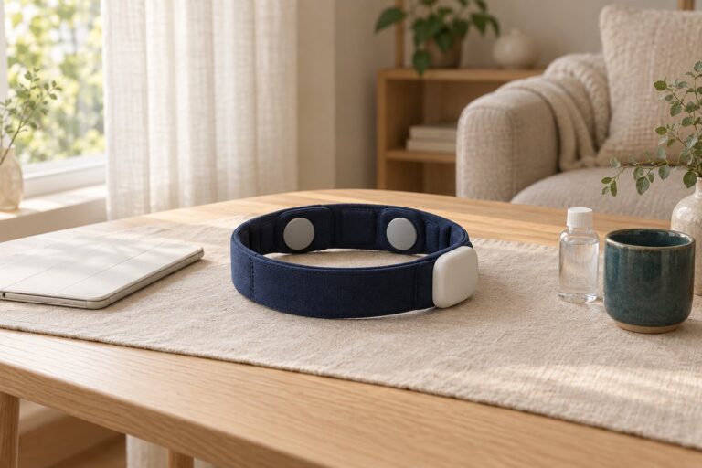 집 탁자 위에 놓인 머리띠형 tDCS 기기