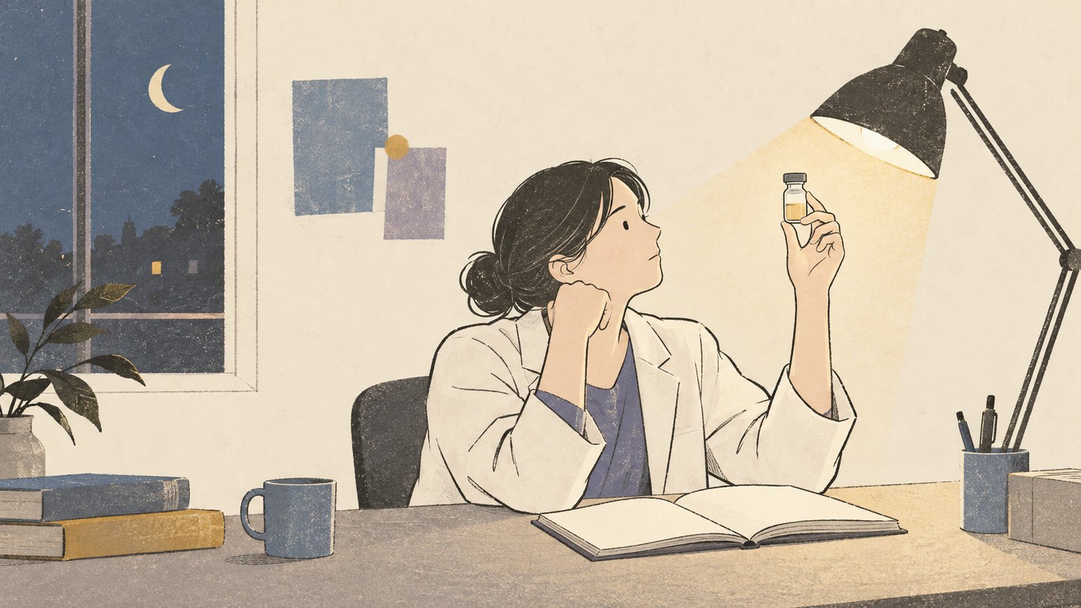 밤늦은 연구실에서 책상 램프에 작은 유리 바이알을 비춰 보는 연구자. 옆에 펼쳐진 노트.