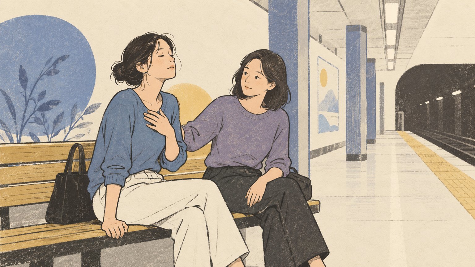 한산한 지하철 승강장 벤치에 앉은 여성이 한 손을 가슴에 얹고 눈을 감은 채 숨을 고르고, 옆에 앉은 친구가 여성의 팔에 손을 얹고 바라본다.