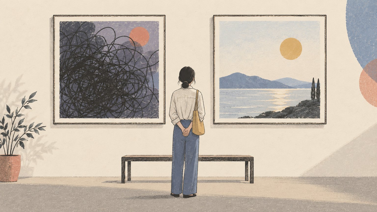 벽에 나란히 걸린 두 그림. 왼쪽은 엉킨 선이 많고 오른쪽은 트여 있다. 한 사람이 떨어져서 둘을 바라본다.