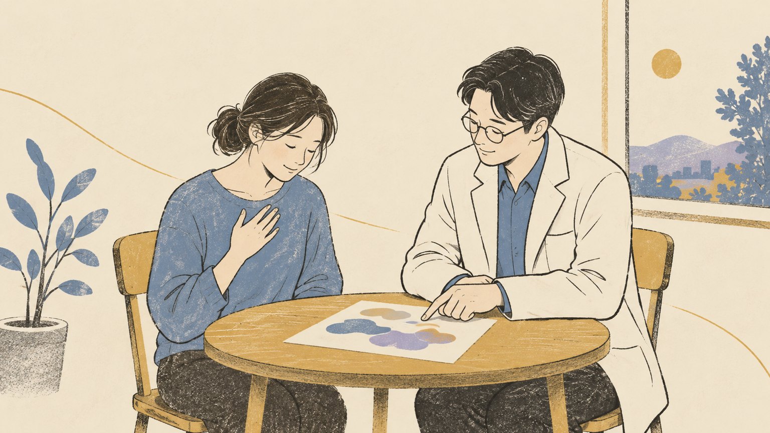 작은 탁자에 나란히 앉은 환자와 의사가 색이 칠해진 종이 한 장을 함께 내려다본다. 환자는 가슴에 손을 얹고 어깨에 힘을 뺀다.