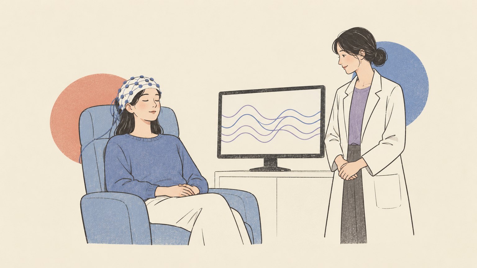 작은 센서가 달린 모자를 쓰고 눈을 감은 채 편히 앉아 있는 사람. 옆 모니터에 뇌파 파형이 보이고 의료진이 곁에 서 있다.