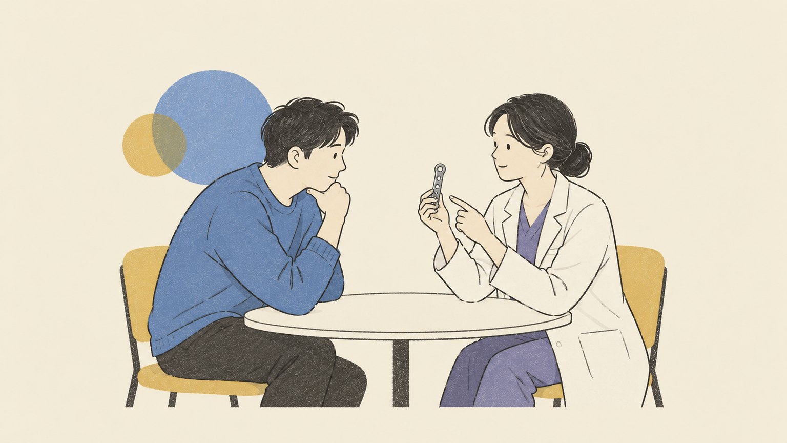 작은 금속판 모형을 들어 보이며 설명하는 의료진과 몸을 기울여 듣는 사람.